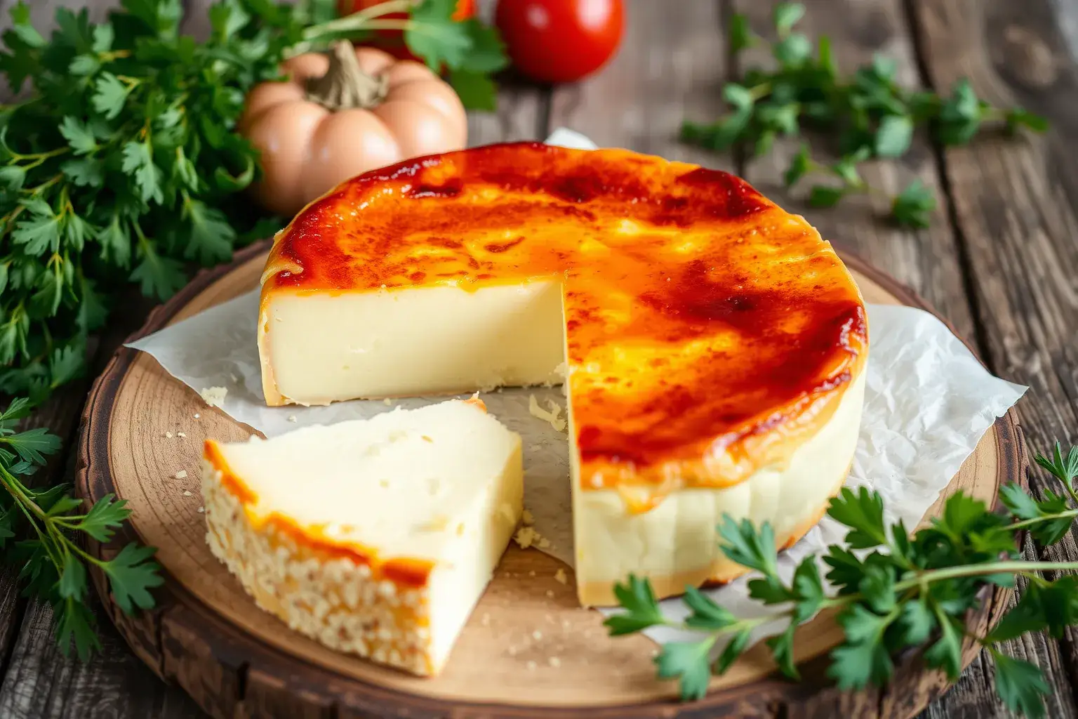 Un g&acirc;teau sal&eacute; au reblochon dor&eacute; sur une table en bois.