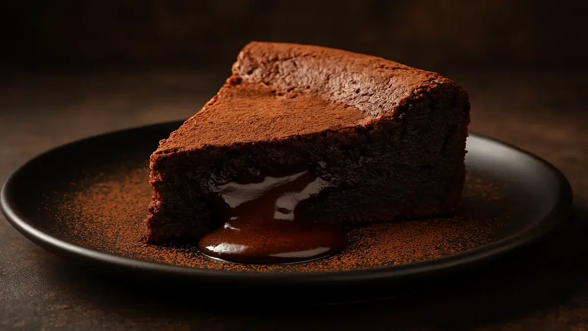 Gâteau au chocolat fondant coupé montrant le cœur coulant avec décoration cacao