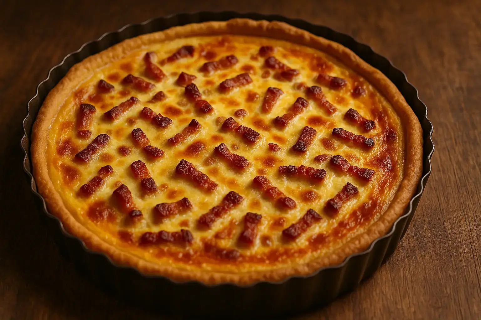 Quiche lorraine dorée et crémeuse sortant du four dans son moule